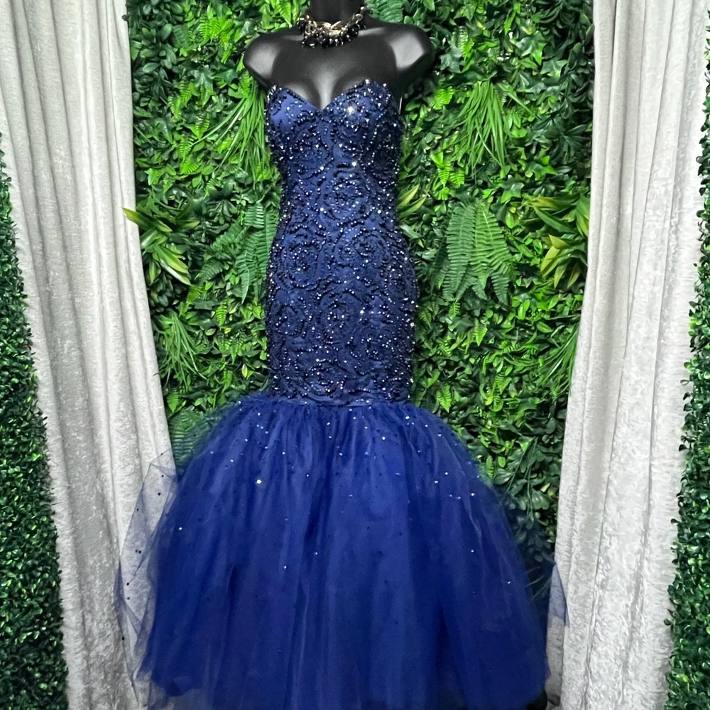 Mori Lee Madeline Gardner Dress Size 4 Blue Beaded Mermaid Gown Lace Up Back